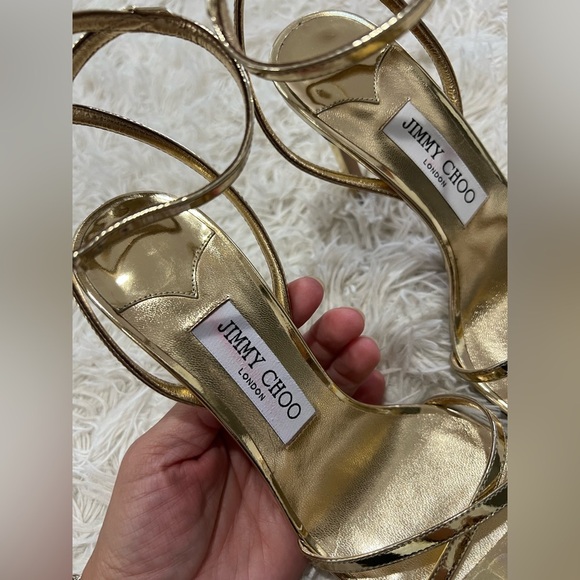 Jimmy Choo Metz 110MM Metallic Leather Stiletto Sandals - Size 37 1/2 US 7 - Picture 2 of 11